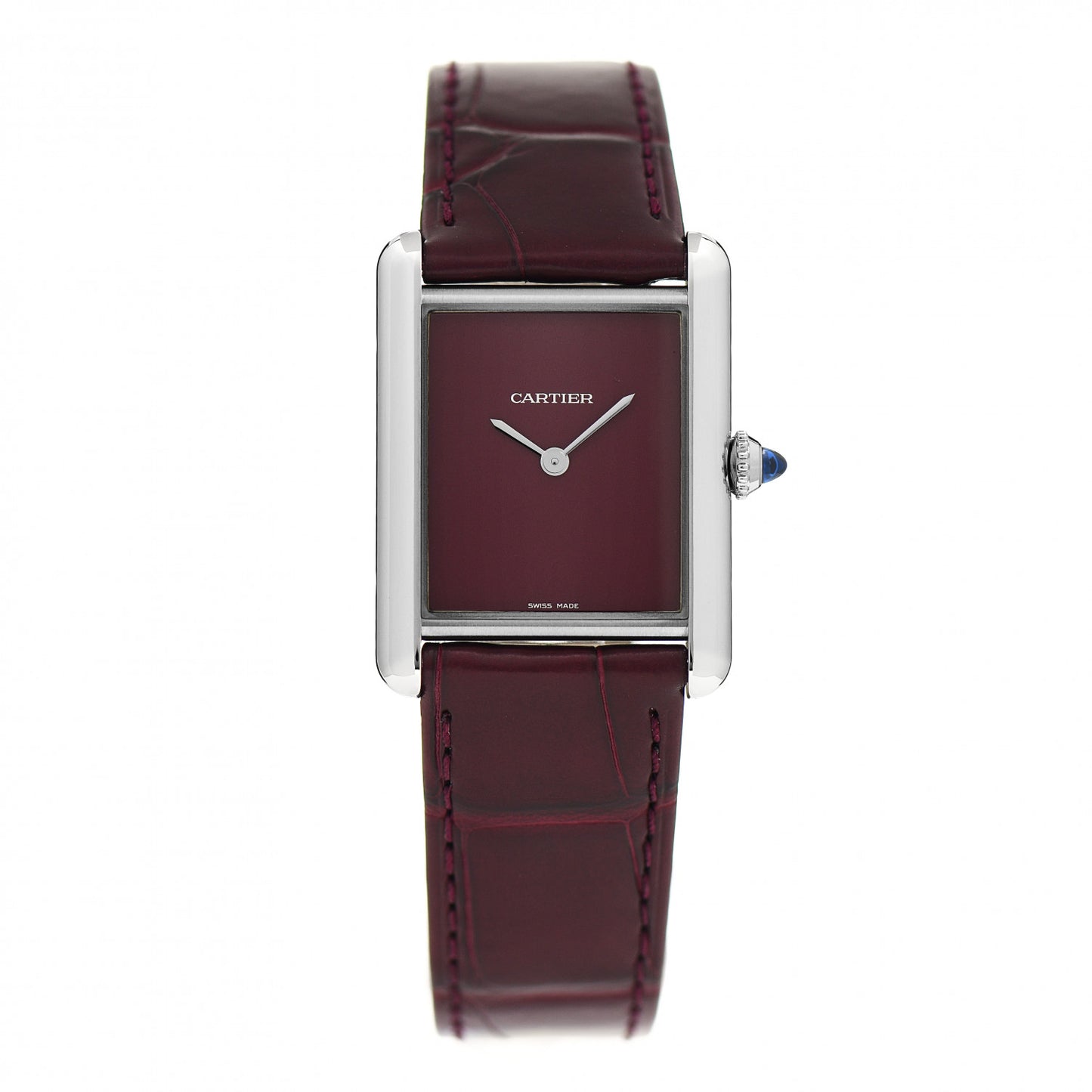 Stainless Steel Alligator 25mm Tank Must De Cartier Watch Burgundy