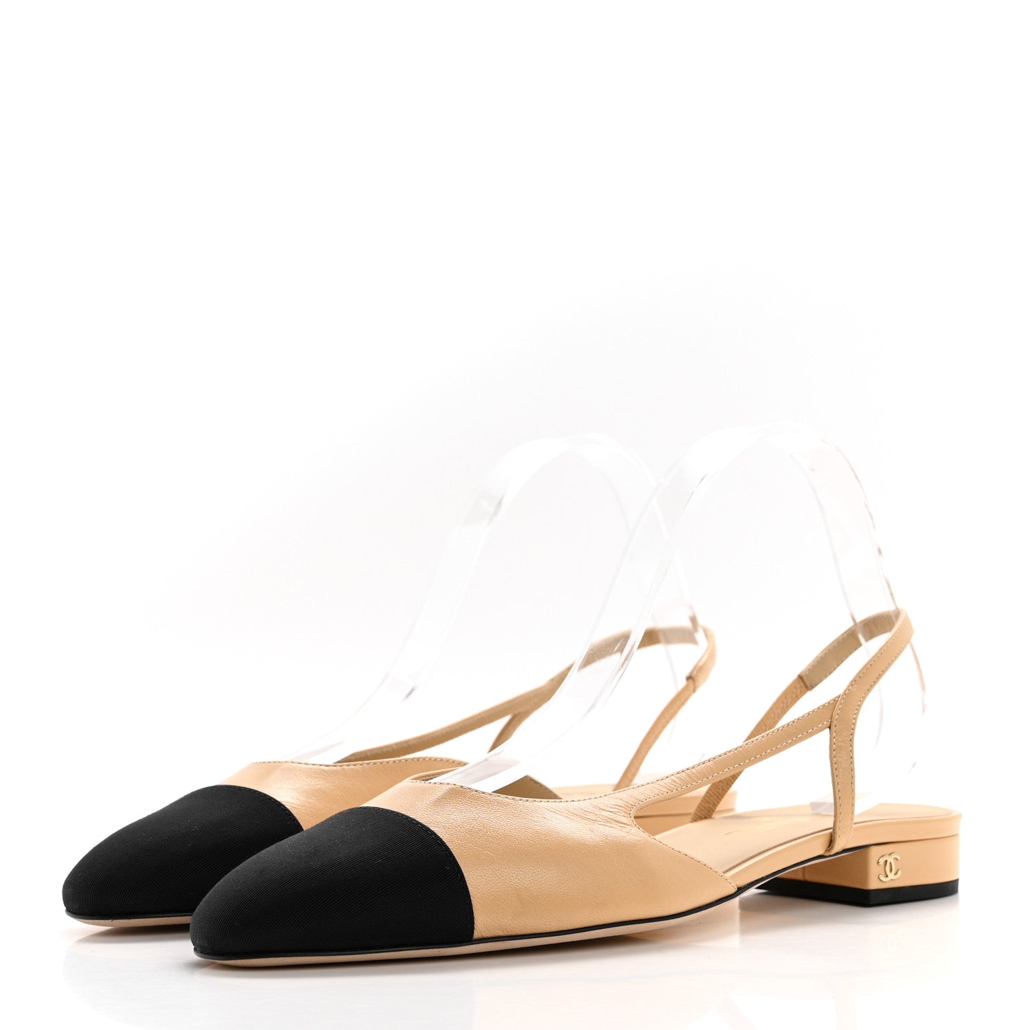 Chanel Goatskin Grosgrain Cap Toe CC Slingback Flats 41 Beige Black 2 of 7