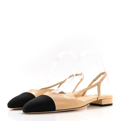 Chanel Goatskin Grosgrain Cap Toe CC Slingback Flats 41 Beige Black 2 of 7