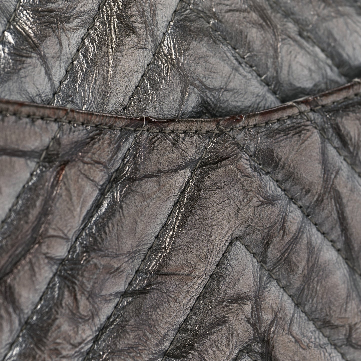 Metallic Patent Crumpled Calfskin Chevron Quilted Medium Double Flap Silver