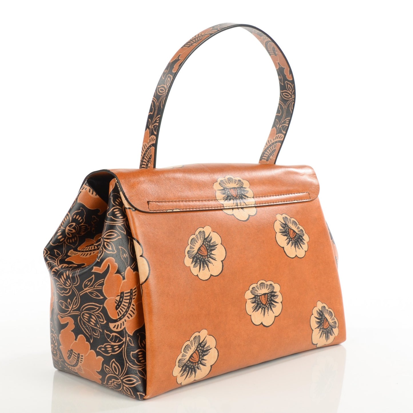 Calfskin Floral Print Mime Single Handle Bag Brown