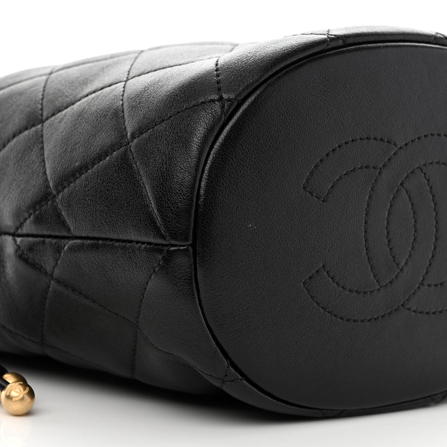 Shiny Lambskin Quilted Chain Is More Drawstring Bag Black