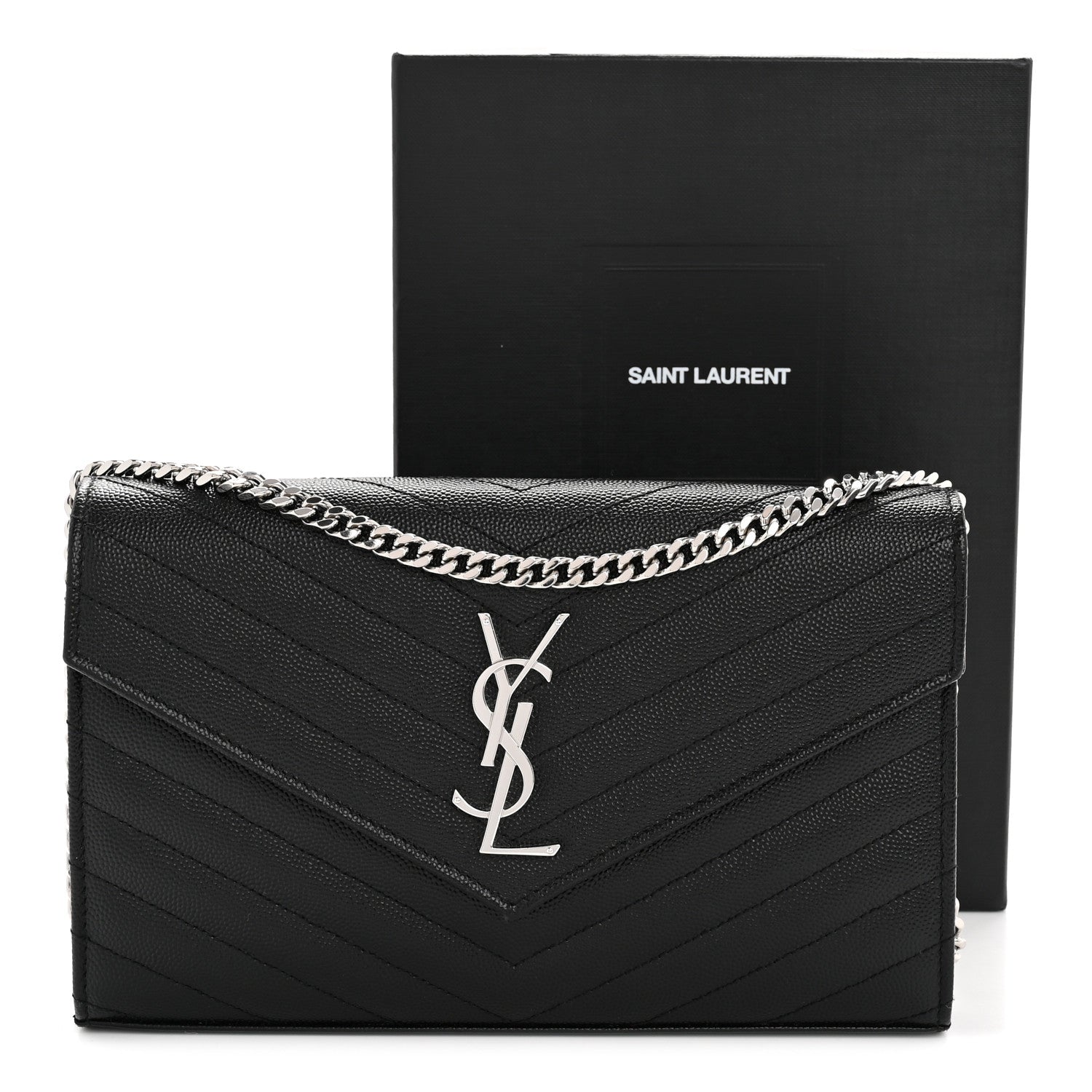 Saint Laurent Grain De Poudre Matelasse Chevron Monogram Chain Wallet Black 12 of 12