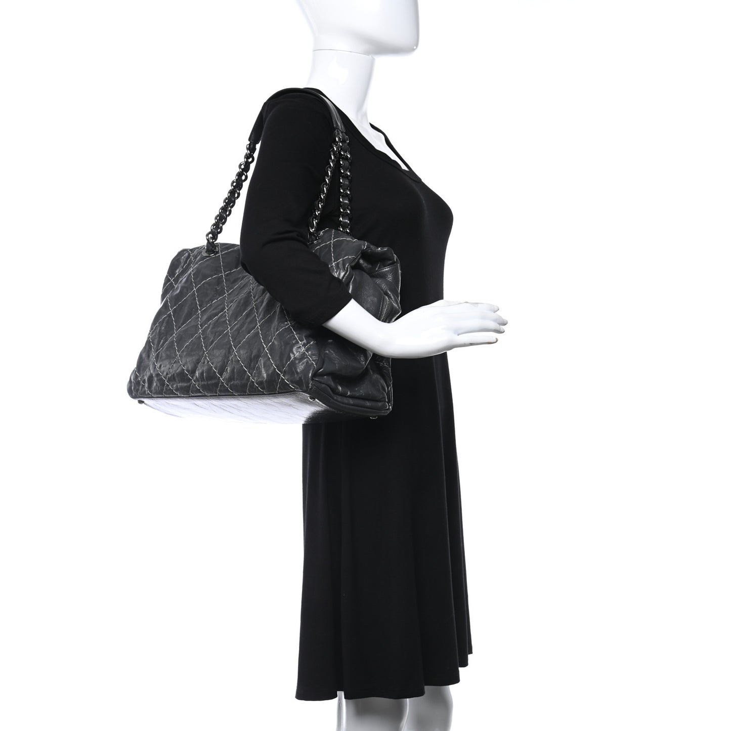Glazed Goatskin Double Contrast Stitch Large Tote Grey