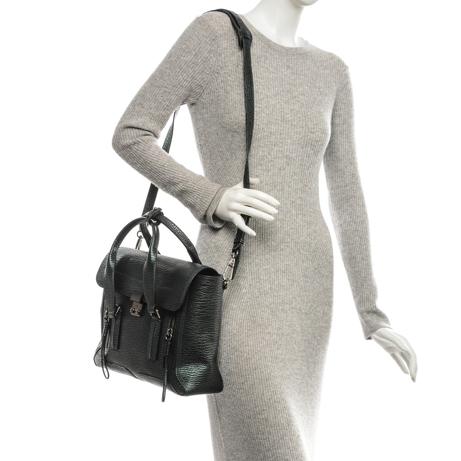 3.1 Phillip Lim 3.1 Metallic Textured Calfskin Medium Pashli Satchel Green 2 of 7