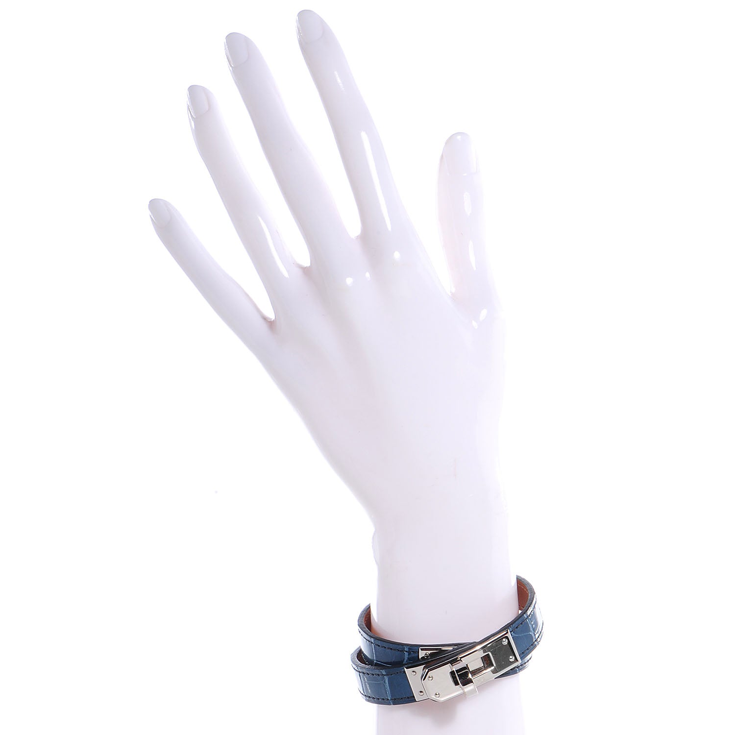 Hermes Shiny Alligator Kelly Double Tour Bracelet Small Blue Jean 2 of 7