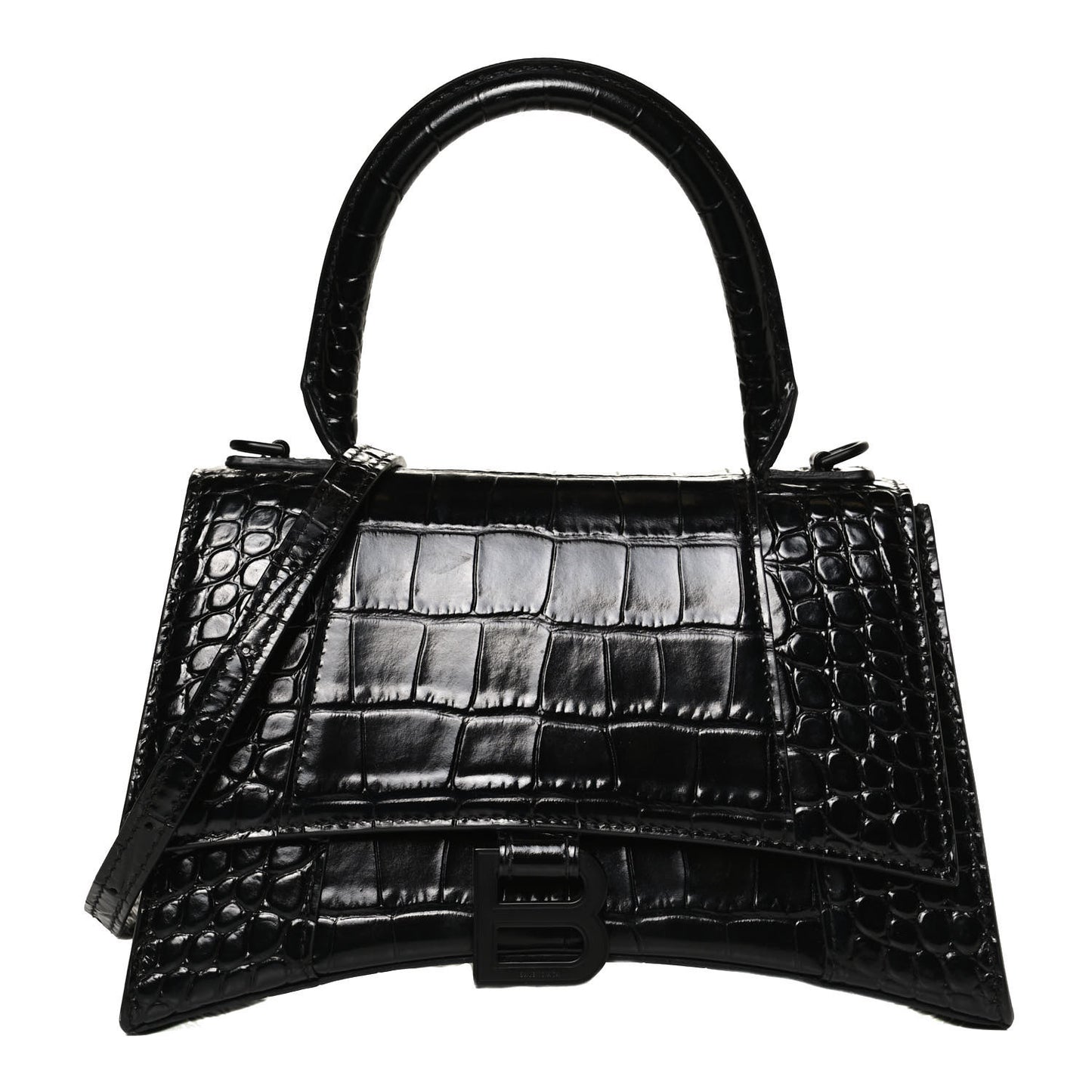Shiny Calfskin Monochrome Crocodile Embossed Small Hourglass Top Handle Bag Black