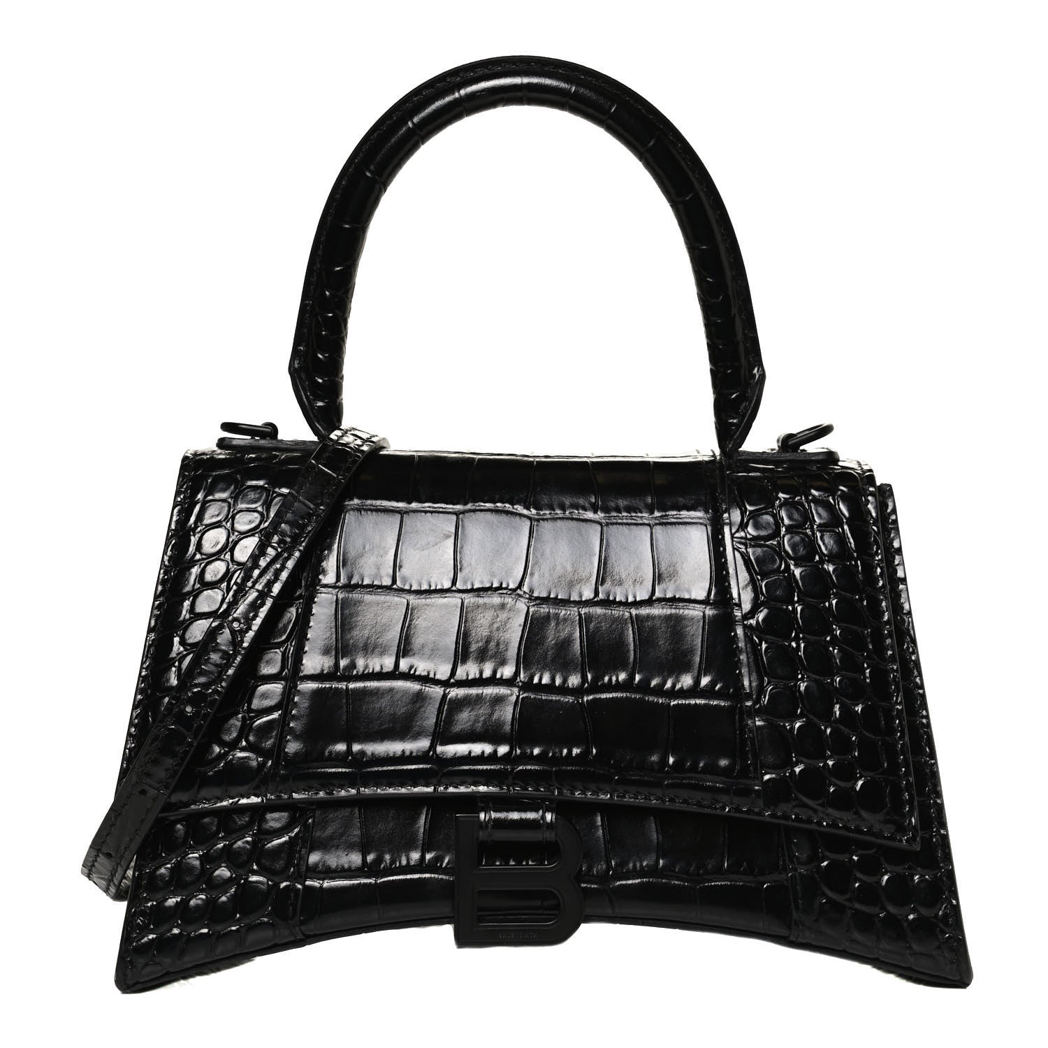 Balenciaga Shiny Calfskin Monochrome Crocodile Embossed Small Hourglass Top Handle Bag Black 1 of 11
