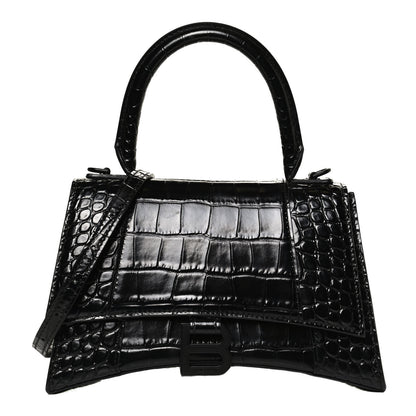 Balenciaga Shiny Calfskin Monochrome Crocodile Embossed Small Hourglass Top Handle Bag Black 1 of 11