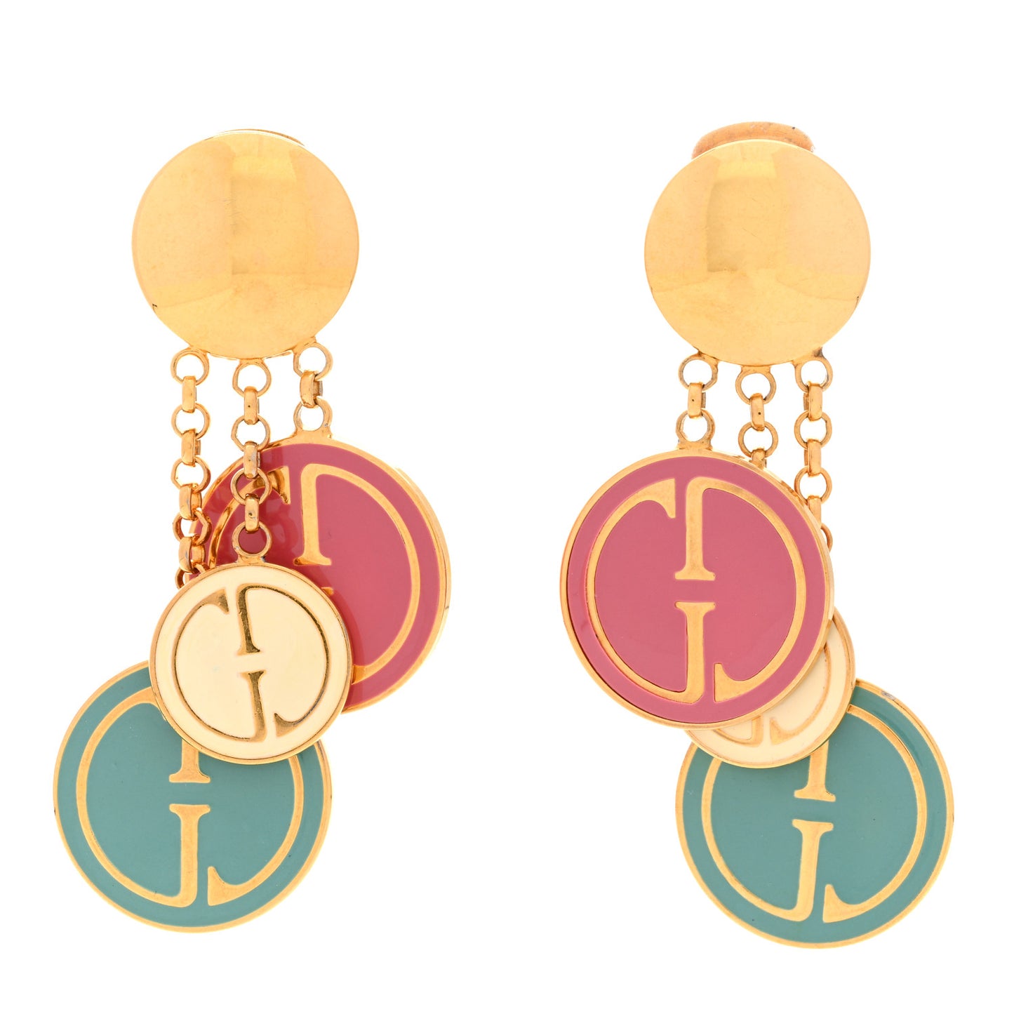 Metal Enamel GG Logo Charms Drop Clip On Earrings Multicolor