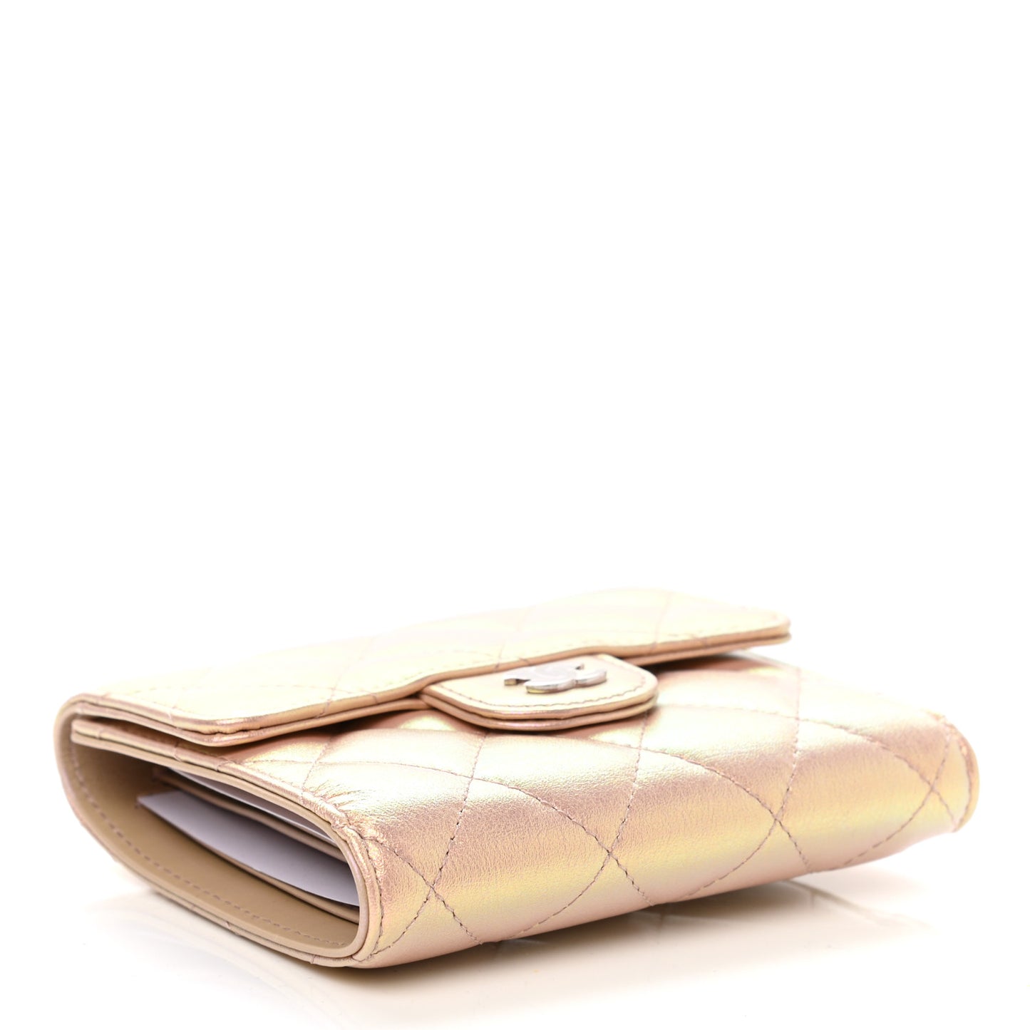 Iridescent Calfskin Quilted Compact Flap Wallet Pink