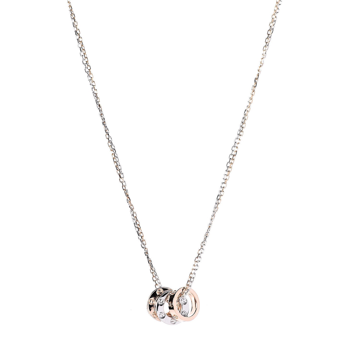18K White Pink Gold Diamond Three Ring LOVE Pendant Necklace