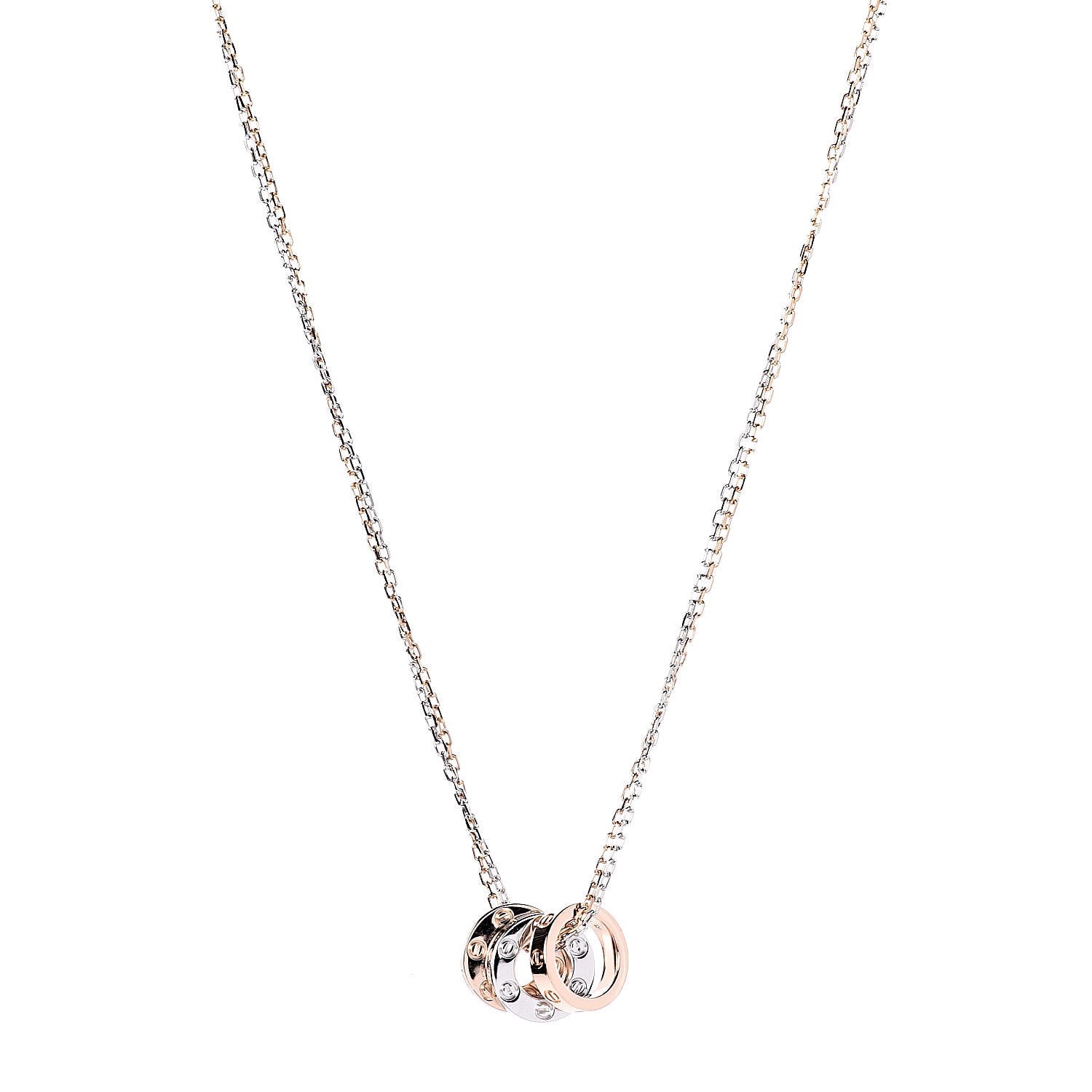 Cartier 18K White Pink Gold Diamond Three Ring LOVE Pendant Necklace 1 of 6