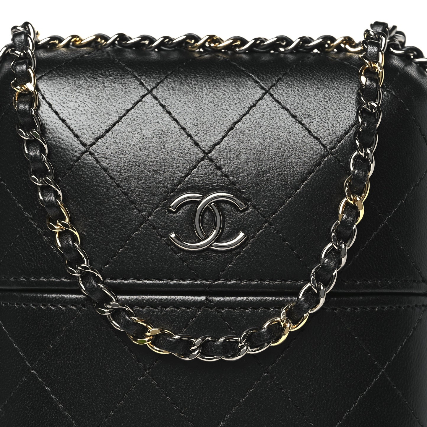 Lambskin Quilted Chain Around Phone Holder Black