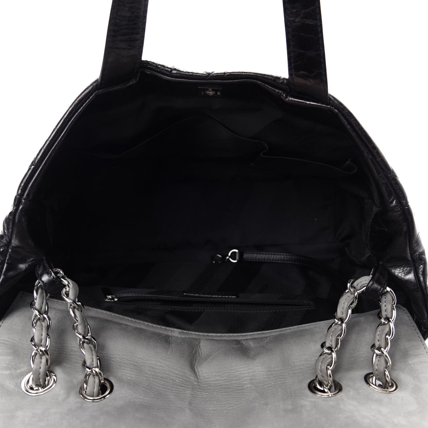Glazed Calfskin Lambskin Quilted Portobello Tote Black Grey