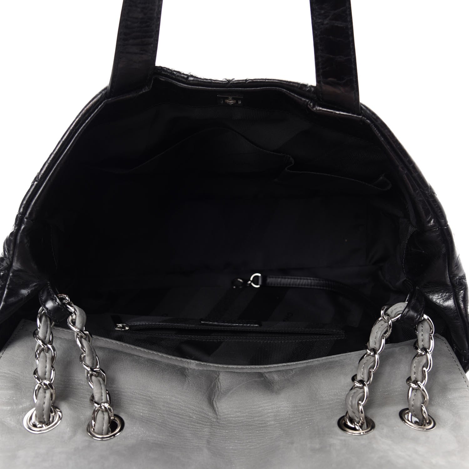 Chanel Glazed Calfskin Lambskin Quilted Portobello Tote Black Grey 5 of 10