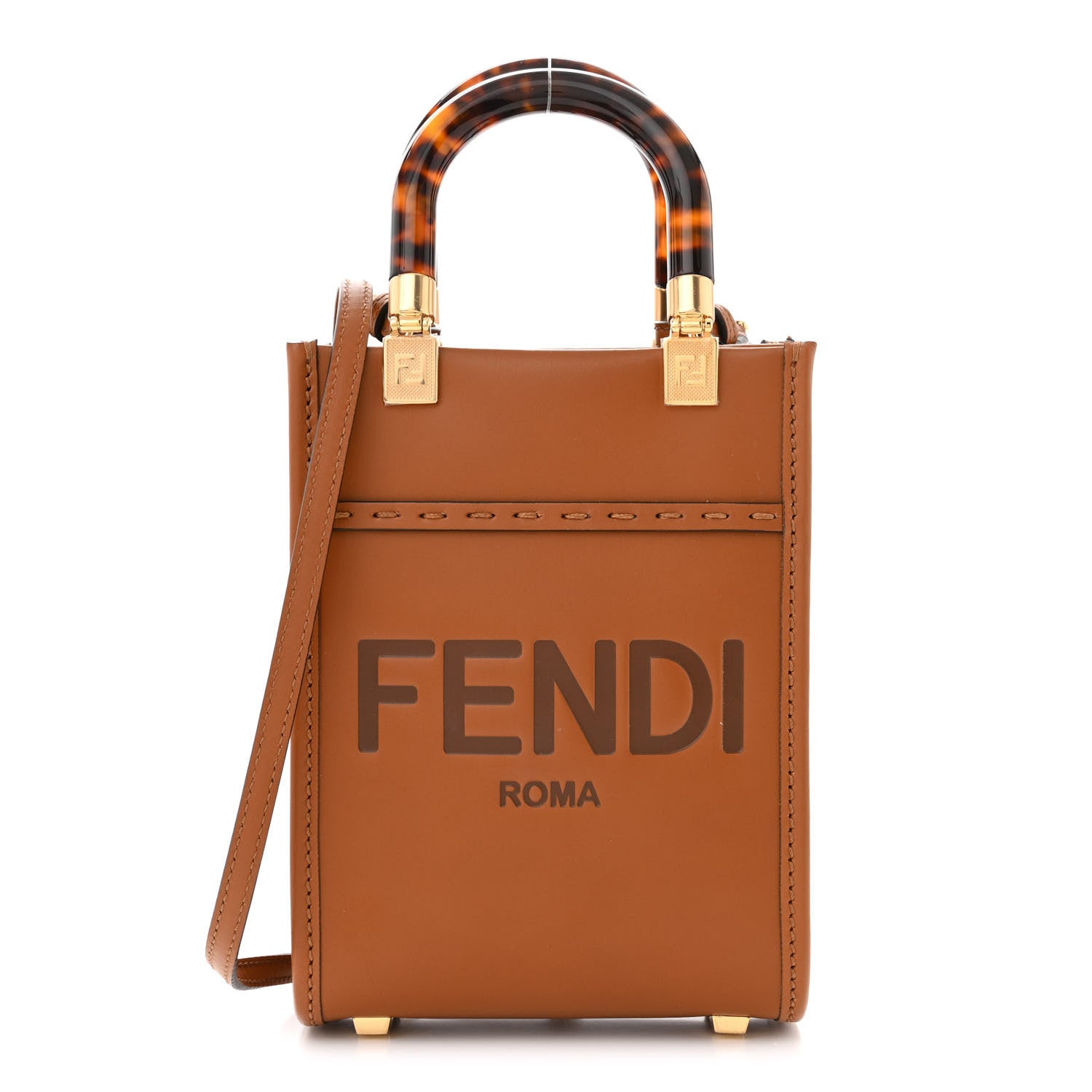 Fendi Vitello King Plexiglass Logo Embossed Mini Fendi Sunshine Shopper Tote Cuoio 1 of 11