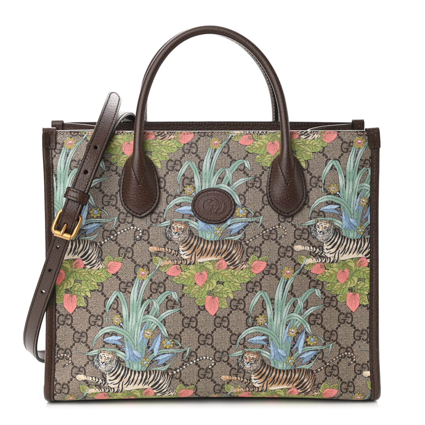 GG Supreme Monogram Tiger Savanah Textured Dollar Calfskin Small Retro Interlocking G Tote Bag Beige Ebony Multicolor New Acero