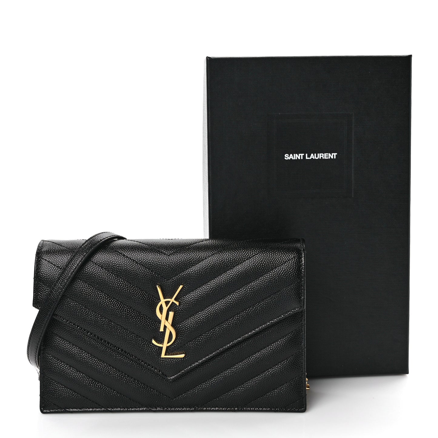 Grain De Poudre Matelasse Chevron Monogram Envelope Chain Wallet Black