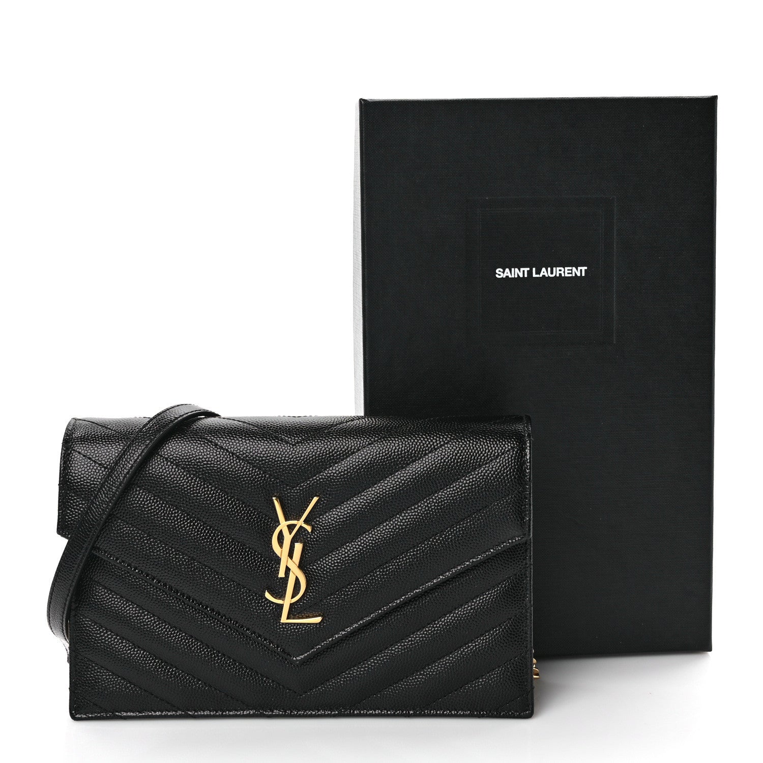Saint Laurent Grain De Poudre Matelasse Chevron Monogram Envelope Chain Wallet Black 11 of 11