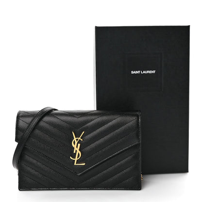 Saint Laurent Grain De Poudre Matelasse Chevron Monogram Envelope Chain Wallet Black 11 of 11