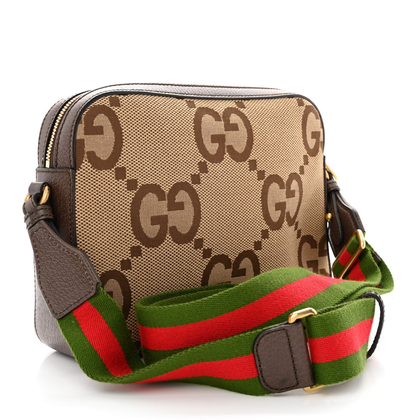 Monogram Jumbo GG Textured Dollar Calfskin Web Messenger Shoulder Bag Camel Ebony New Acero