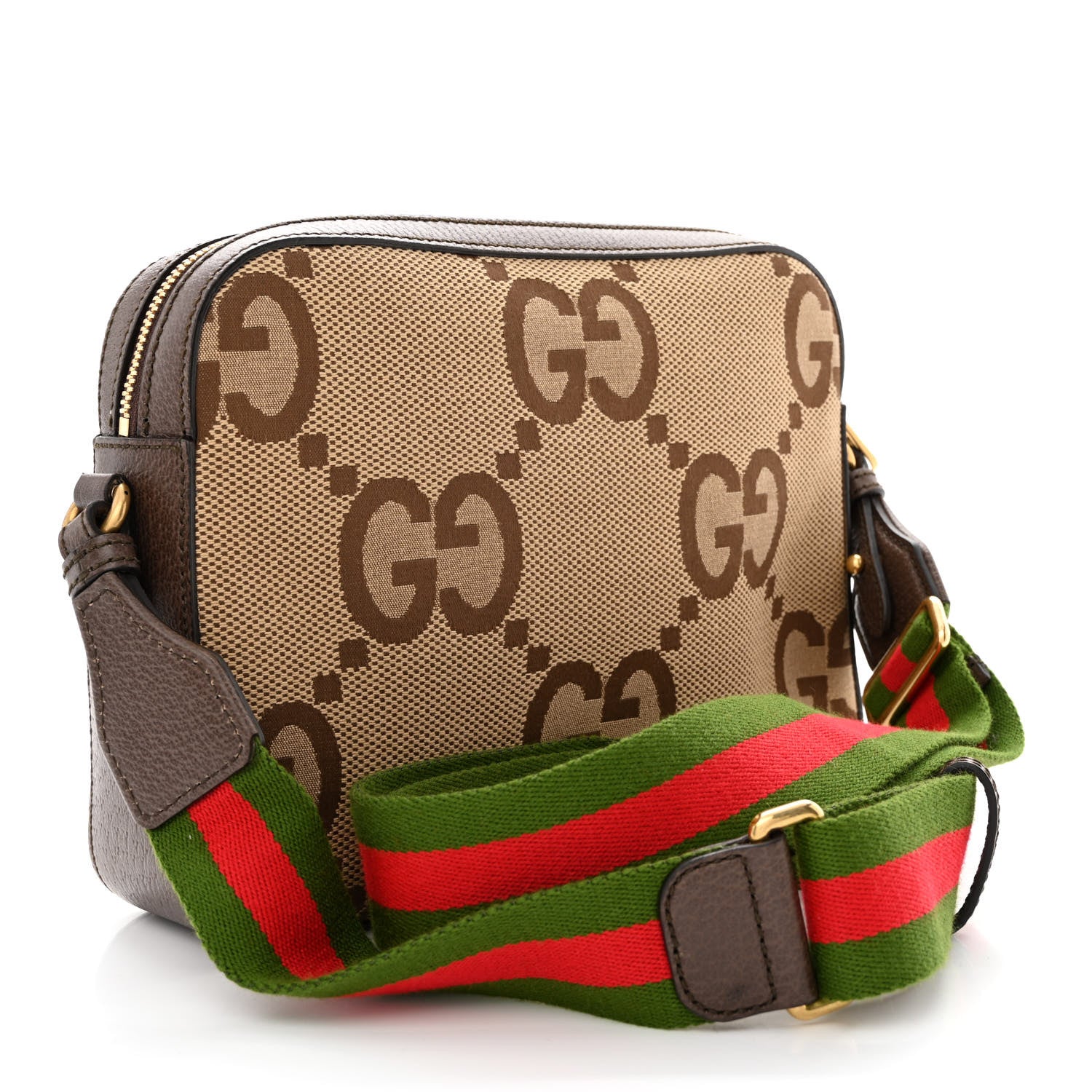 Gucci Monogram Jumbo GG Textured Dollar Calfskin Web Messenger Shoulder Bag Camel Ebony New Acero 3 of 10
