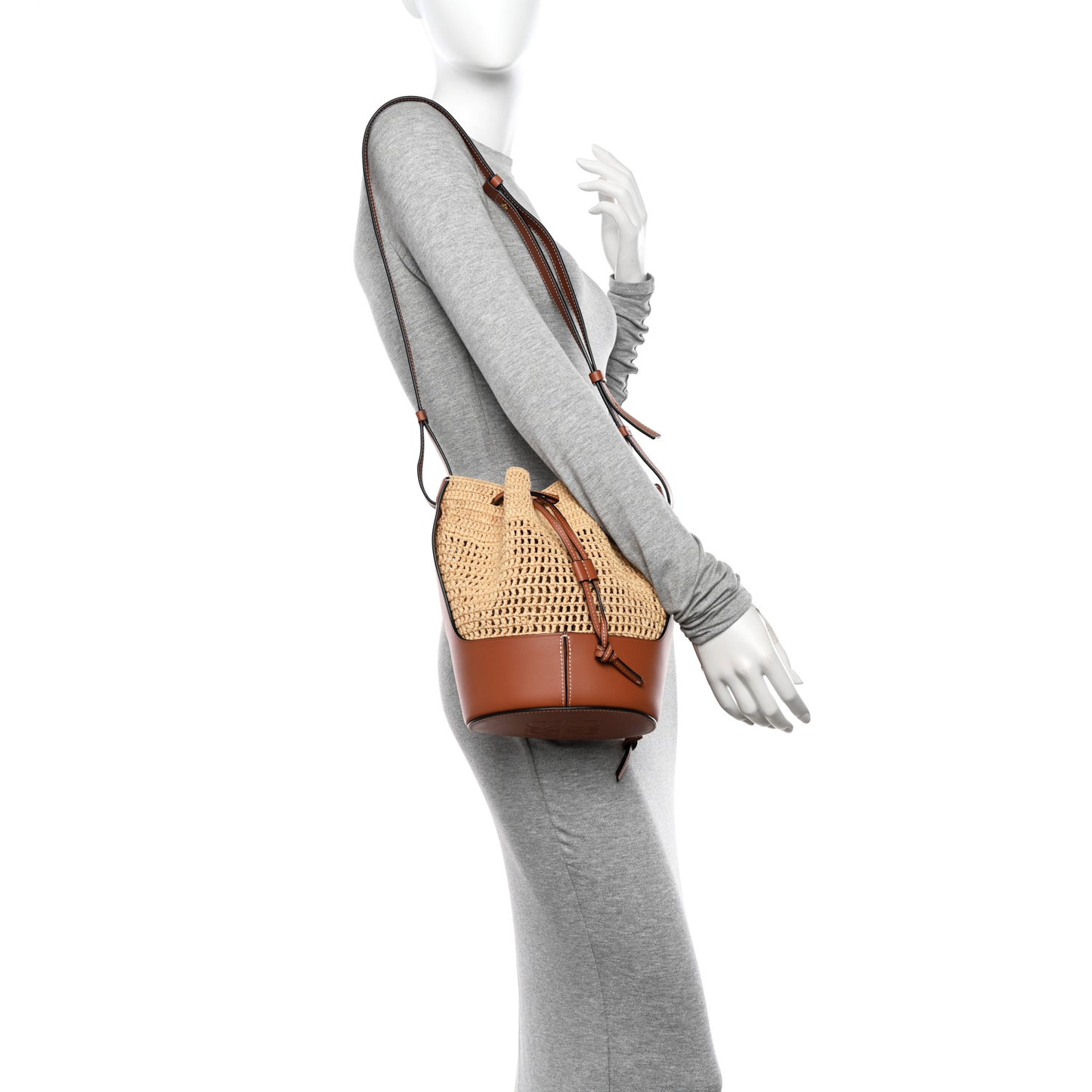Raffia Calfskin Balloon Bucket Bag Natural Tan
