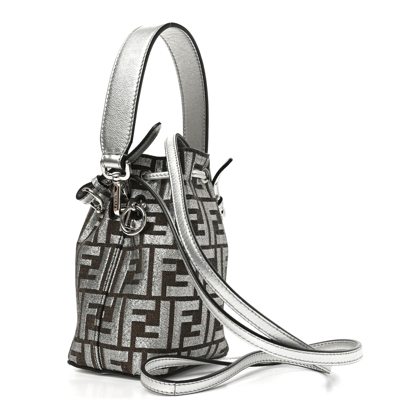 Vitello Catalan Mirror Canvas Fabric Jacquard FF 1974 Mini Mon Tresor Bucket Bag Ebano Argento