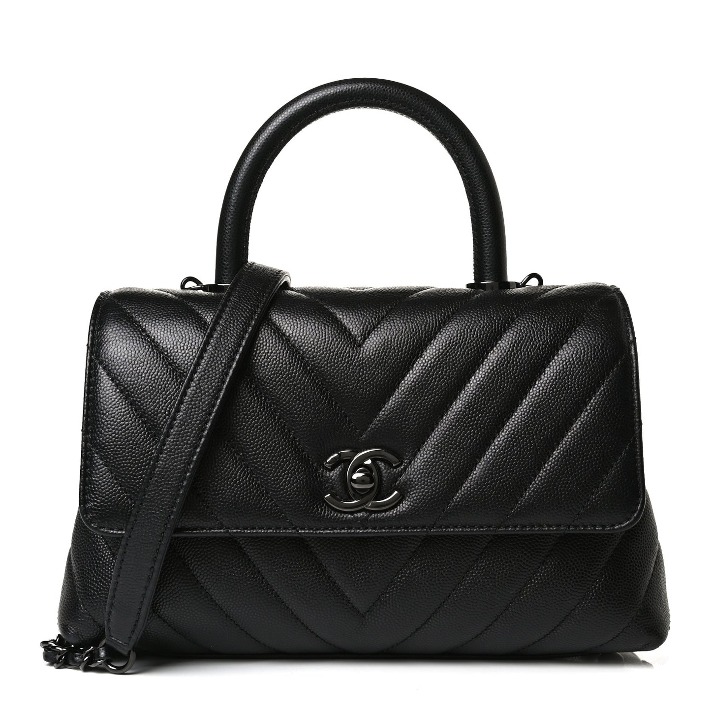 Caviar Chevron Quilted Mini Coco Handle Flap So Black