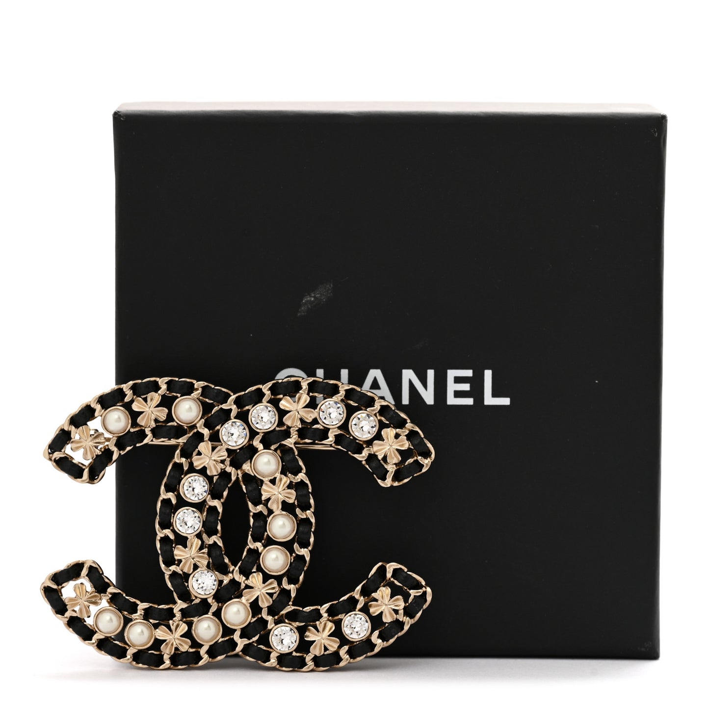 Lambskin Pearl Crystal CC Brooch Gold Black