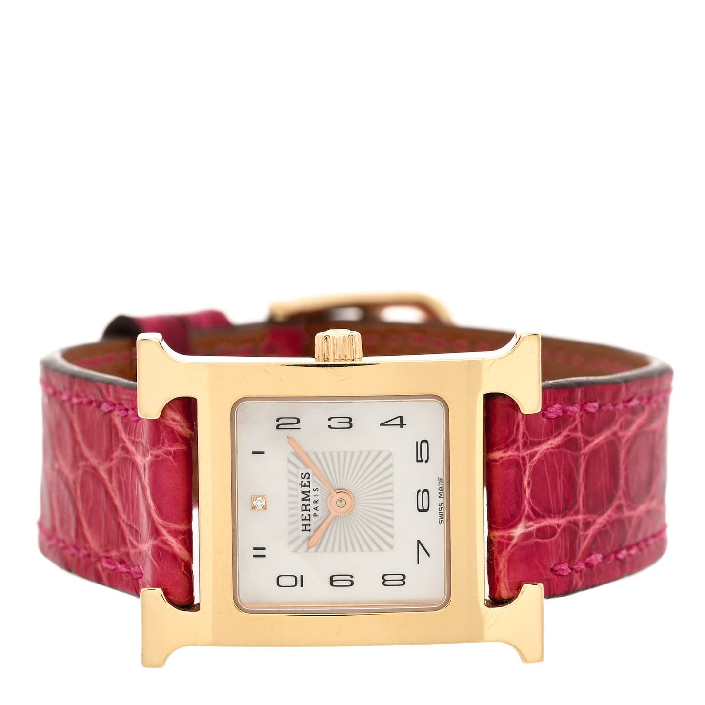 Stainless Steel Alligator Diamond Mother of Pearl 21mm Heure H Hour Quartz Watch Framboise