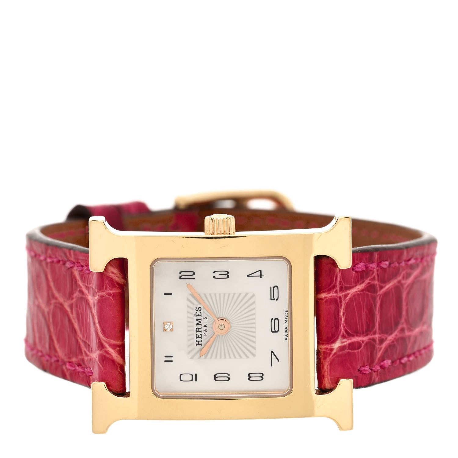 Hermes Stainless Steel Alligator Diamond Mother of Pearl 21mm Heure H Hour Quartz Watch Framboise 2 of 5