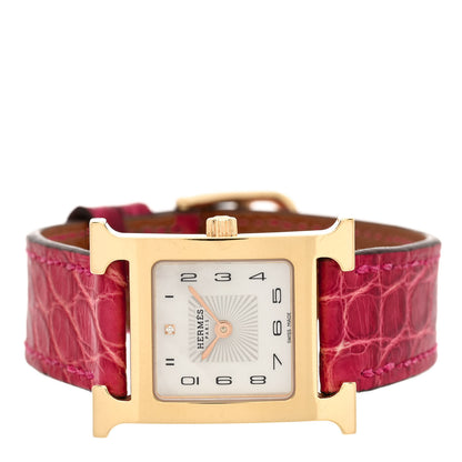 Hermes Stainless Steel Alligator Diamond Mother of Pearl 21mm Heure H Hour Quartz Watch Framboise 2 of 5