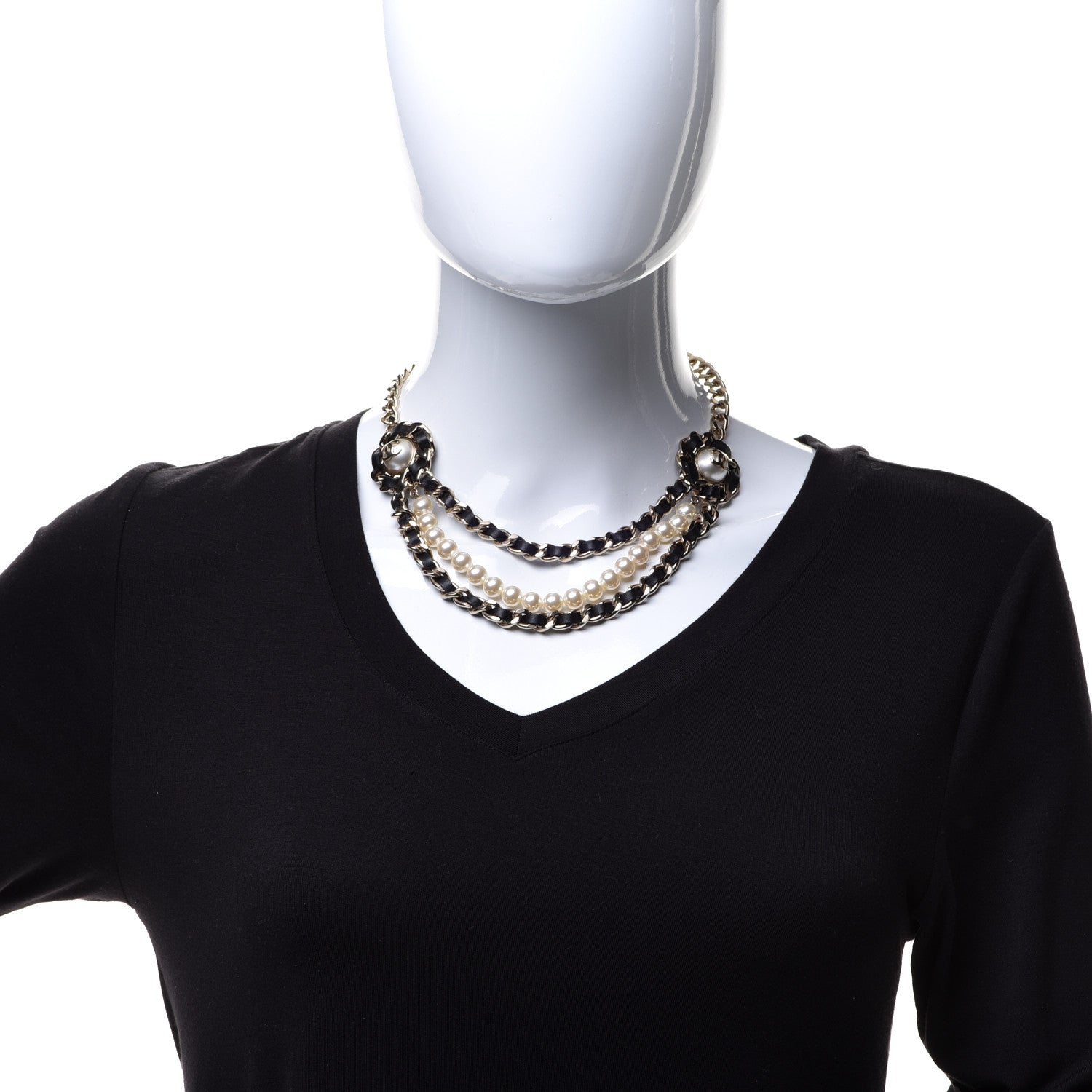 Chanel Pearl Lambskin Chain CC Multi Strand Necklace Gold Black 2 of 5