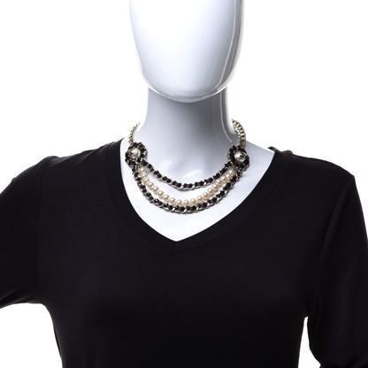 Chanel Pearl Lambskin Chain CC Multi Strand Necklace Gold Black 2 of 5