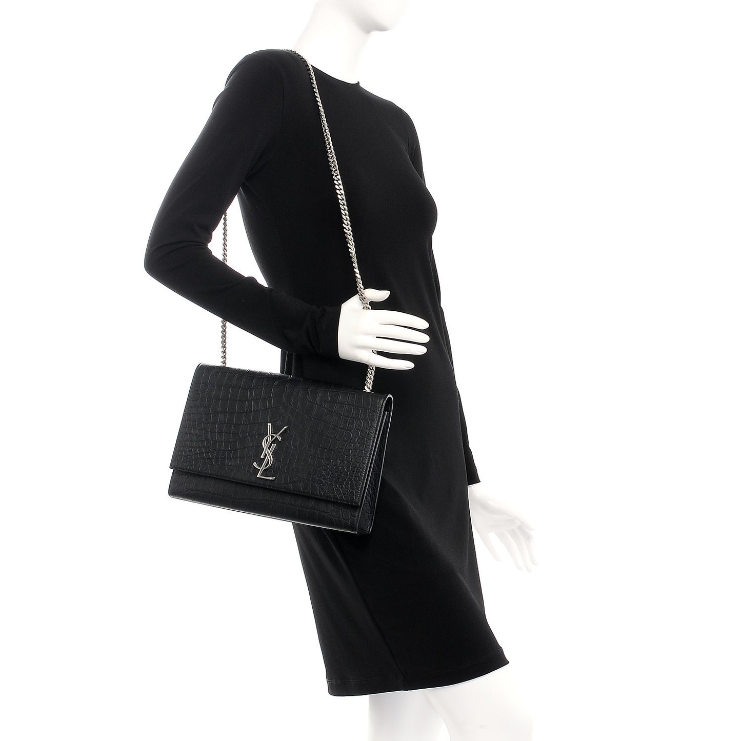 Calfskin Crocodile Embossed Large Classic Monogram Kate Satchel Black