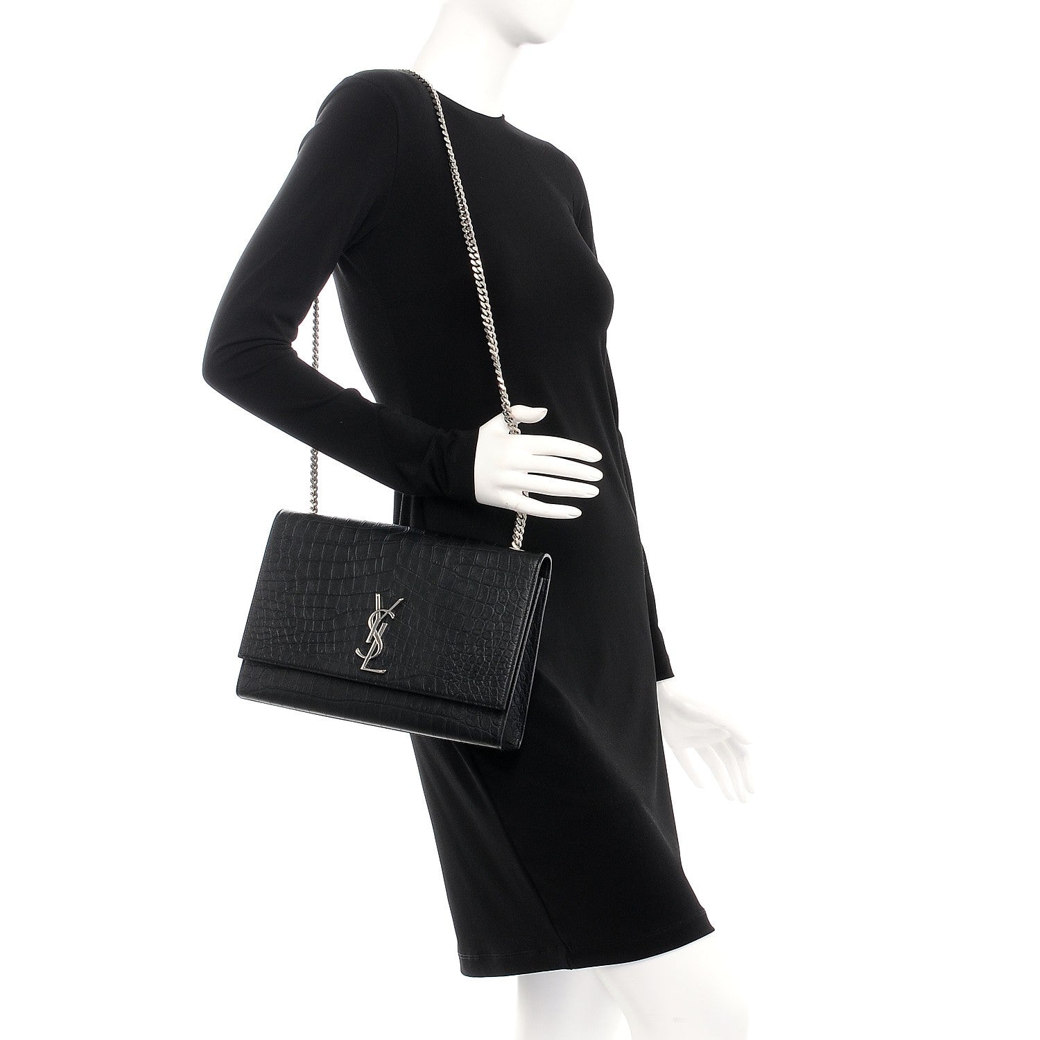 Saint Laurent Calfskin Crocodile Embossed Large Classic Monogram Kate Satchel Black 2 of 7