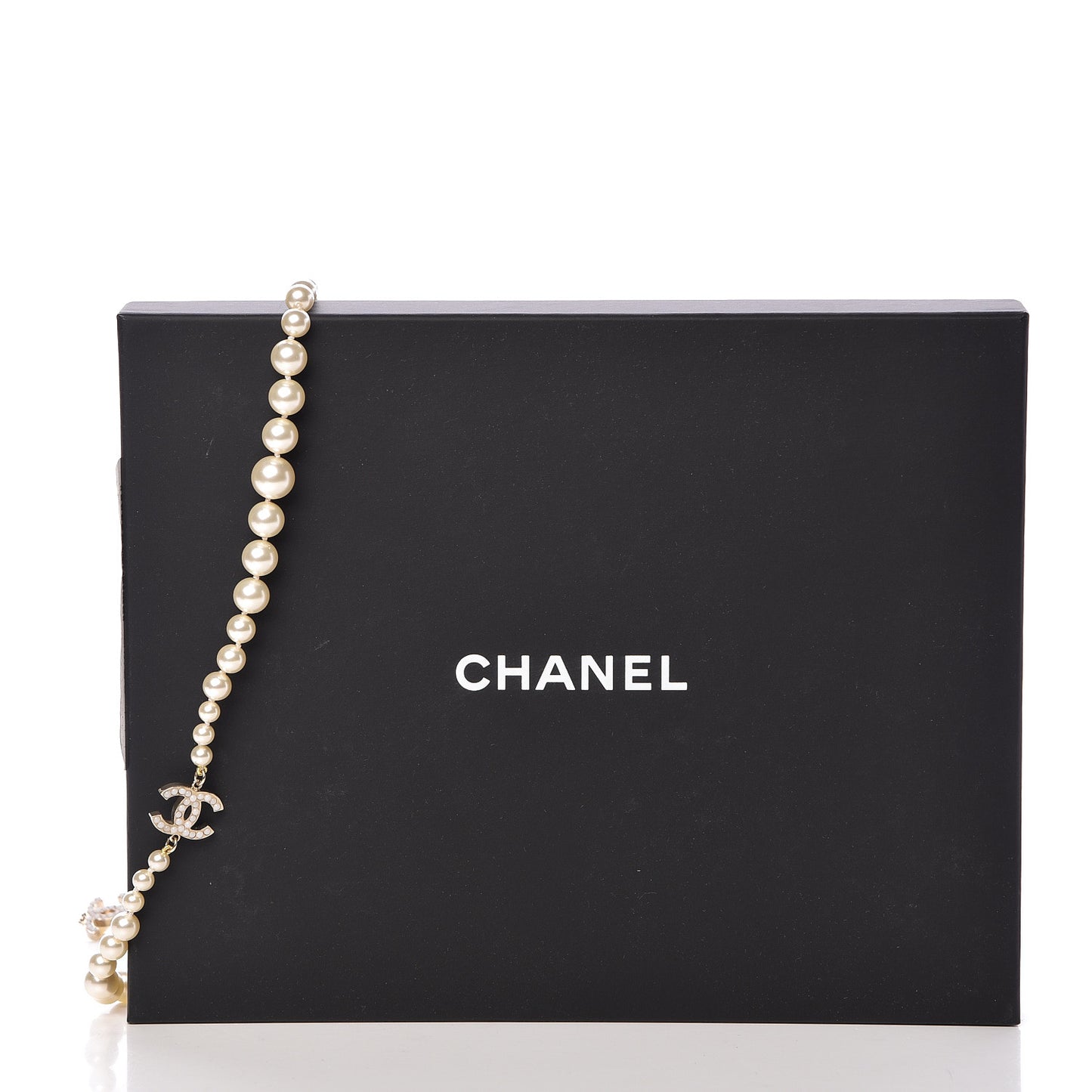 Graduated Pearl CC Long Necklace Light Gold