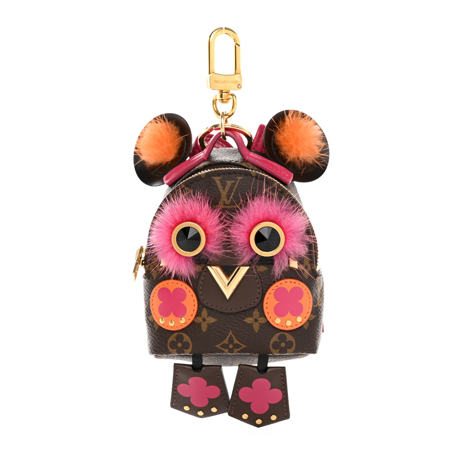 Monogram Calfskin Mink Fur Palm Springs Bear Bag Charm Key Holder Pink Orange
