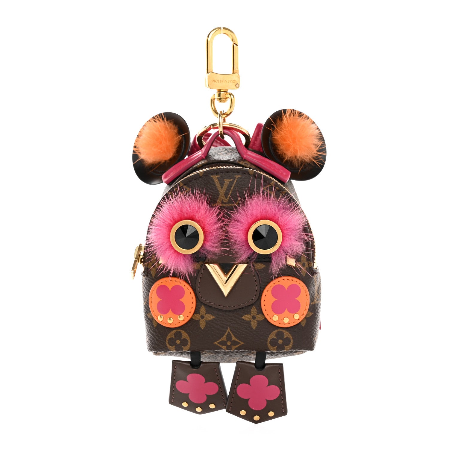 Louis Vuitton Monogram Calfskin Mink Fur Palm Springs Bear Bag Charm Key Holder Pink Orange 1 of 5