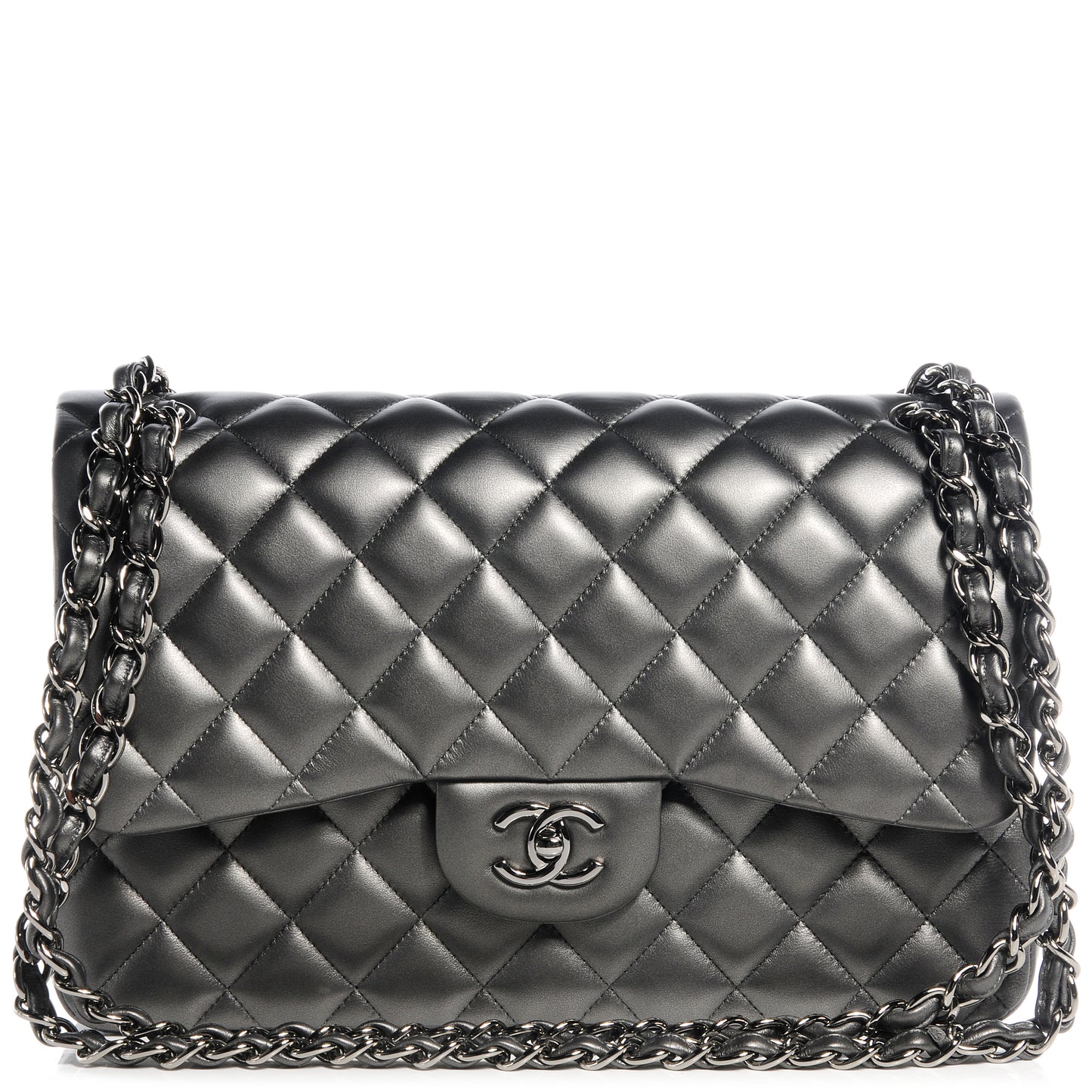 Lambskin Quilted Jumbo Double Flap Metallic Grey