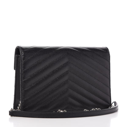 Saint Laurent Grain De Poudre Matelasse Chevron Monogram Envelope Chain Wallet Black 3 of 10