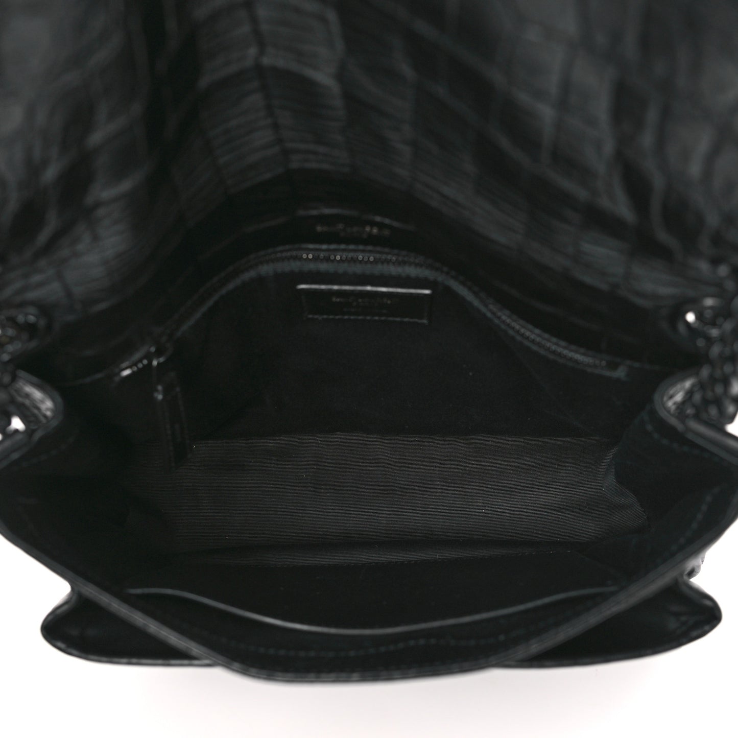 Crocodile Embossed Lambskin Monogram Medium Niki Chain Satchel Black
