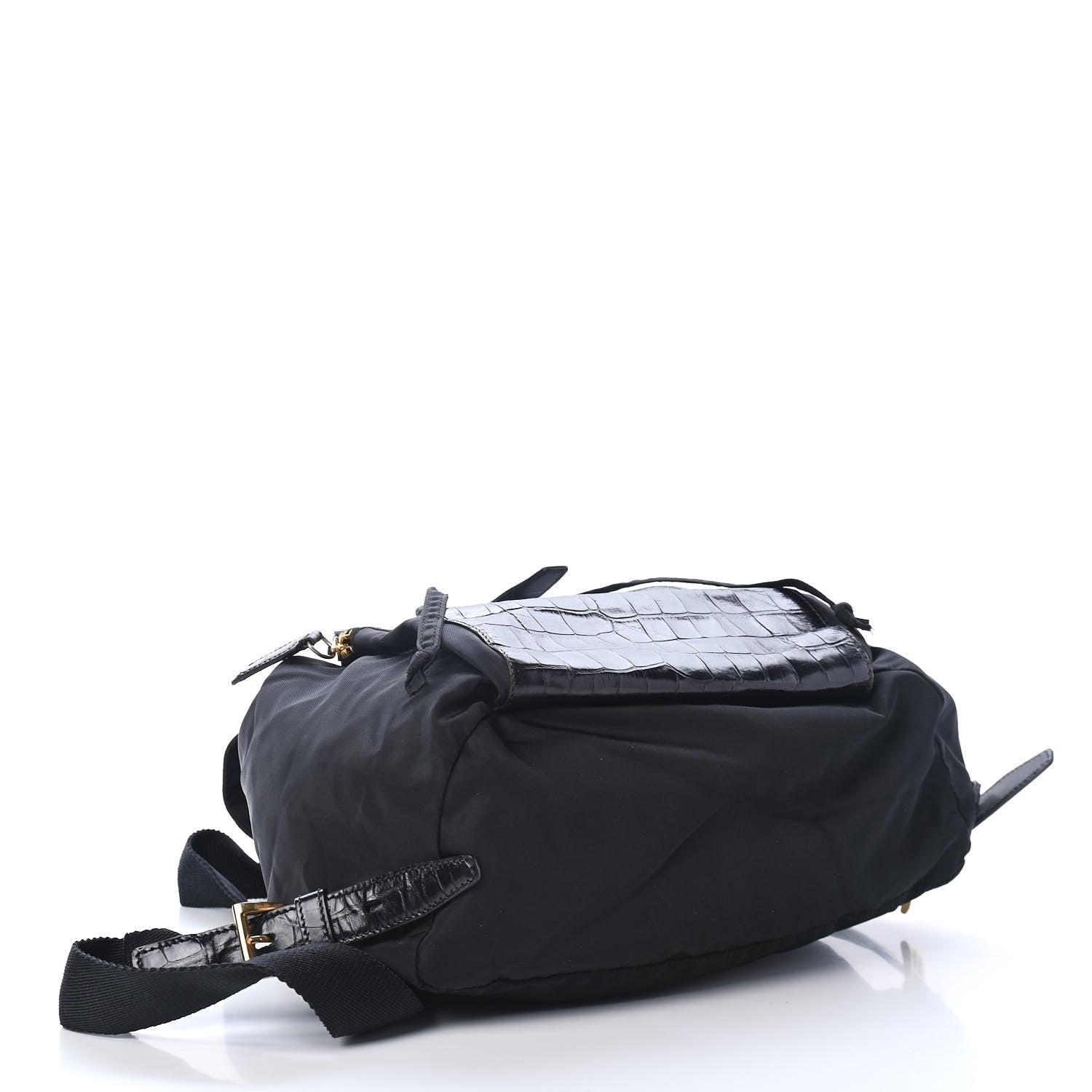 Prada Tessuto Nylon Crocodile Embossed Calfskin Cinch Backpack Black 3 of 5