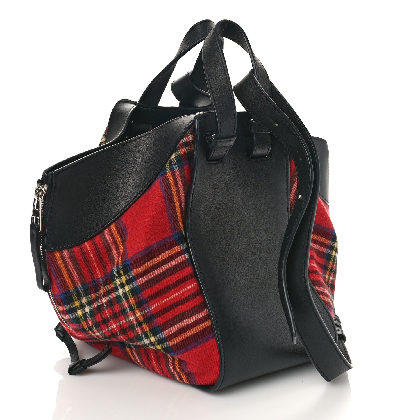 Wool Calfskin Small Hammock Shoulder Bag Black Red Tartan