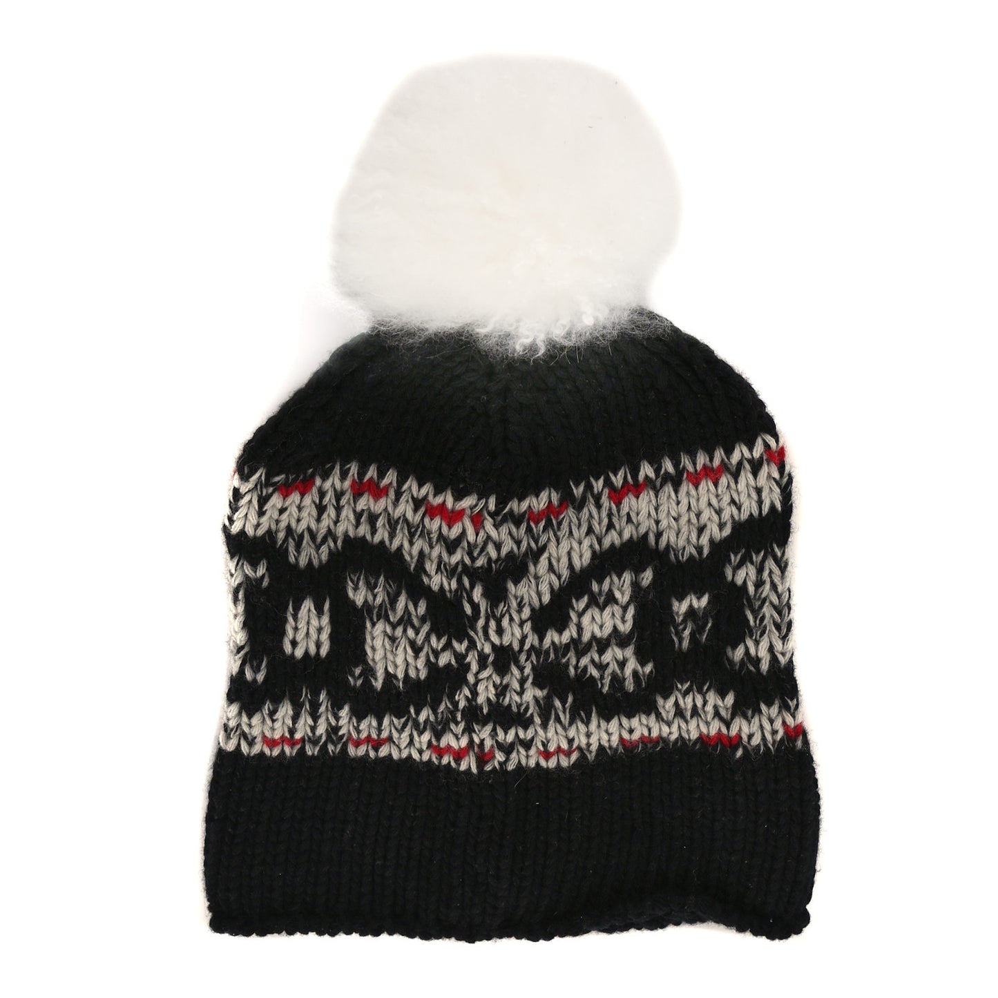 Wool Shearling CC Beanie Hat Ivory Black Red