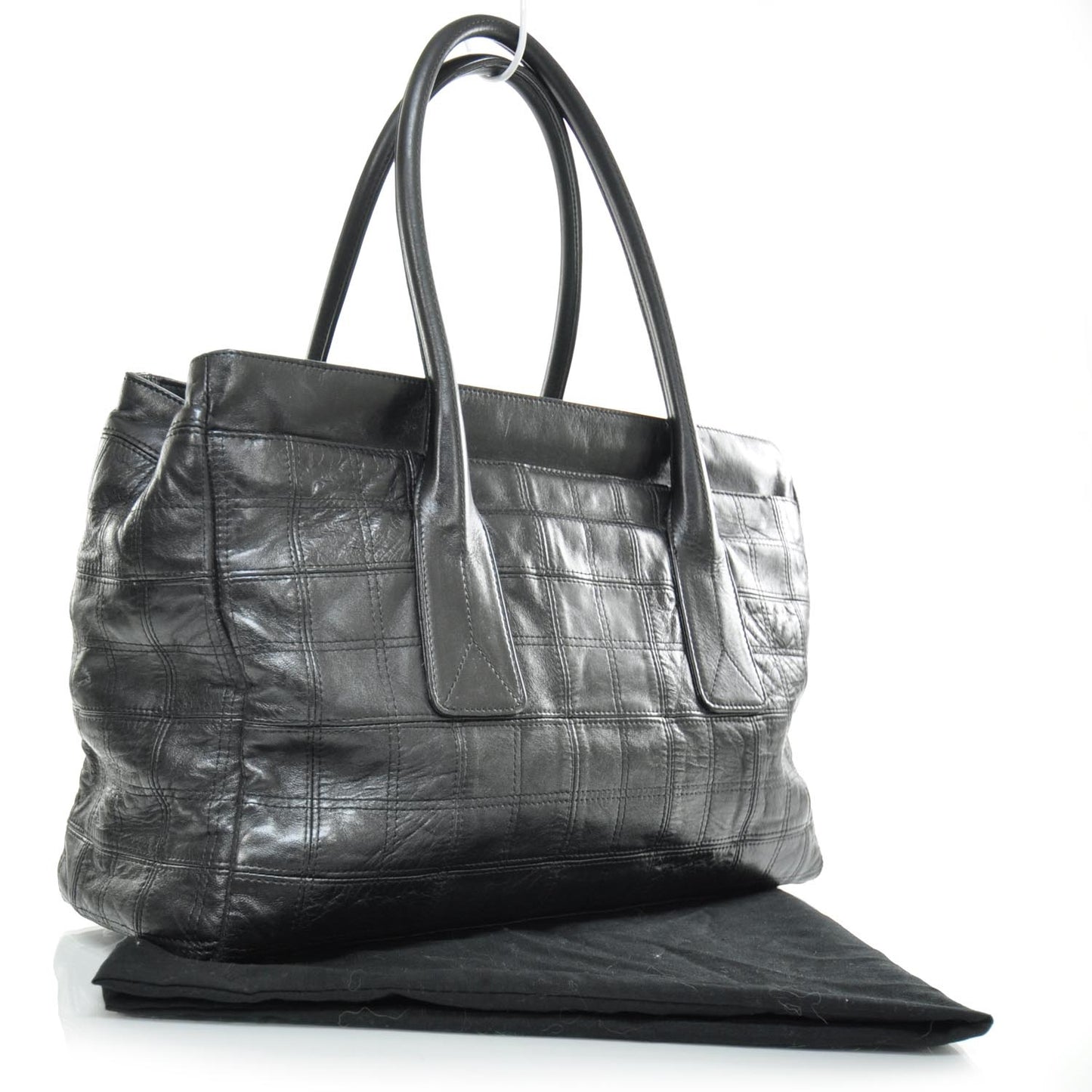 Leather Square Stitched Lax Shopping Tote Black