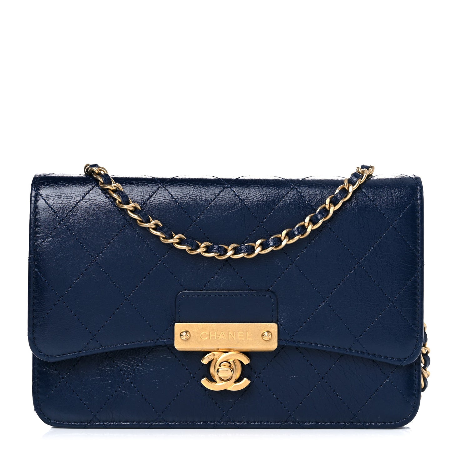 Aged Glazed Calfskin Stitched Golden Class CC Wallet on Chain WOC Blue