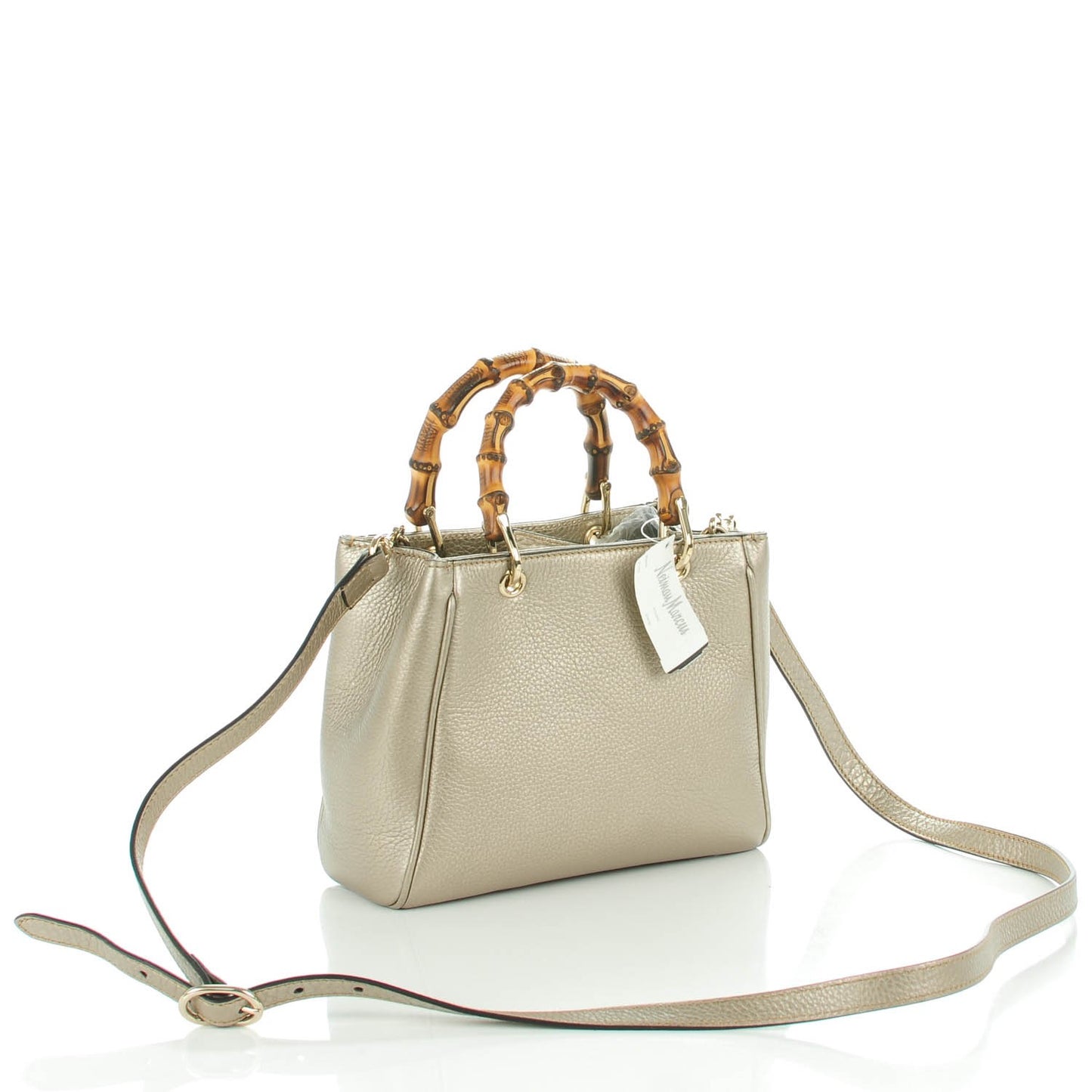 Metallic Calfskin Mini Bamboo Shopper Tote Golden Beige